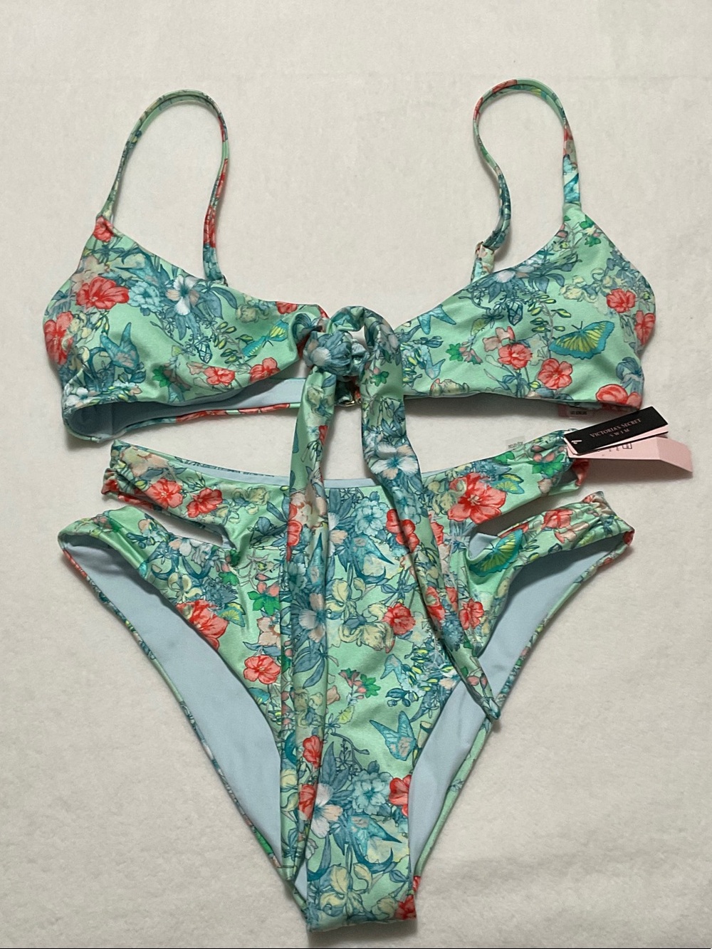 VICTORIA’S SECRET Floral Tie-Front Bikini Set in Mint Green & Coral